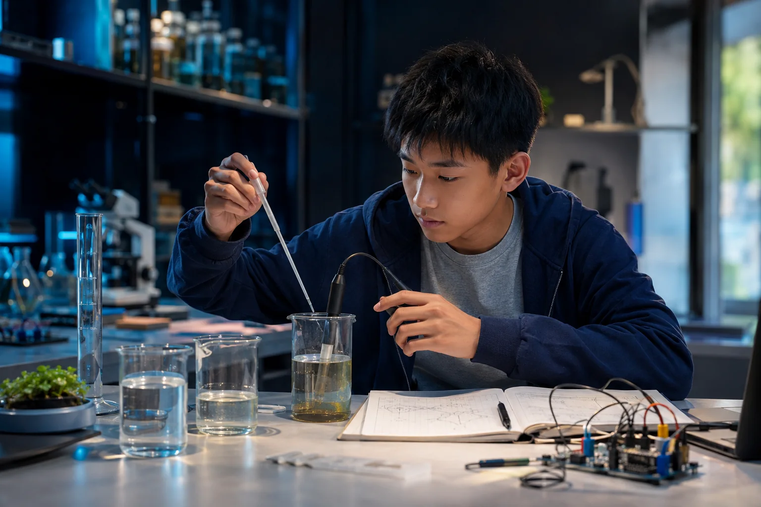 服务场景示意：学生进行环境水质实验与传感器测试