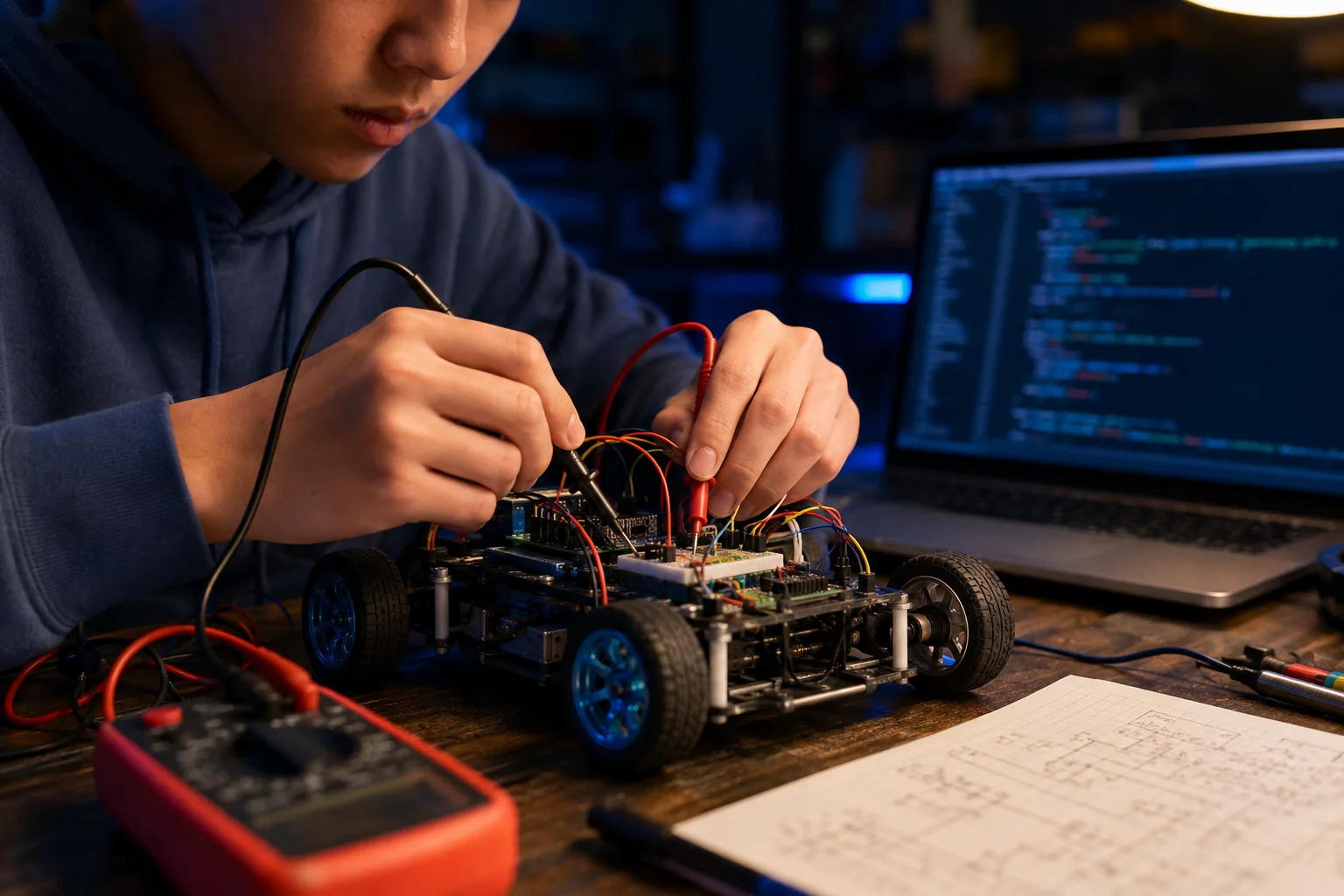 服务场景示意：学生使用测量工具诊断机器人电路